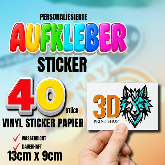 Aufkleber - 40 Stück (13cm x 9cm) - Personalisierte Vinyl-Sticker – Langlebig & Individuell | Wunschdesign möglich